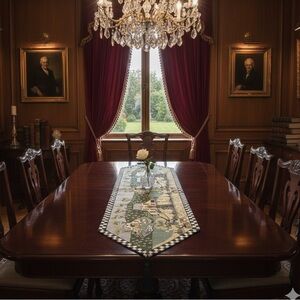 Vintage Tapestry Table Runner Old Money Horse & Carriage Sheep Victorian home